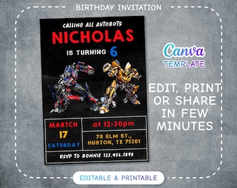 Printable Rescue Bots Birthday Invitation, Optimus Prime invite, Autobots party invitation, Bumblebee invitation, transformers party