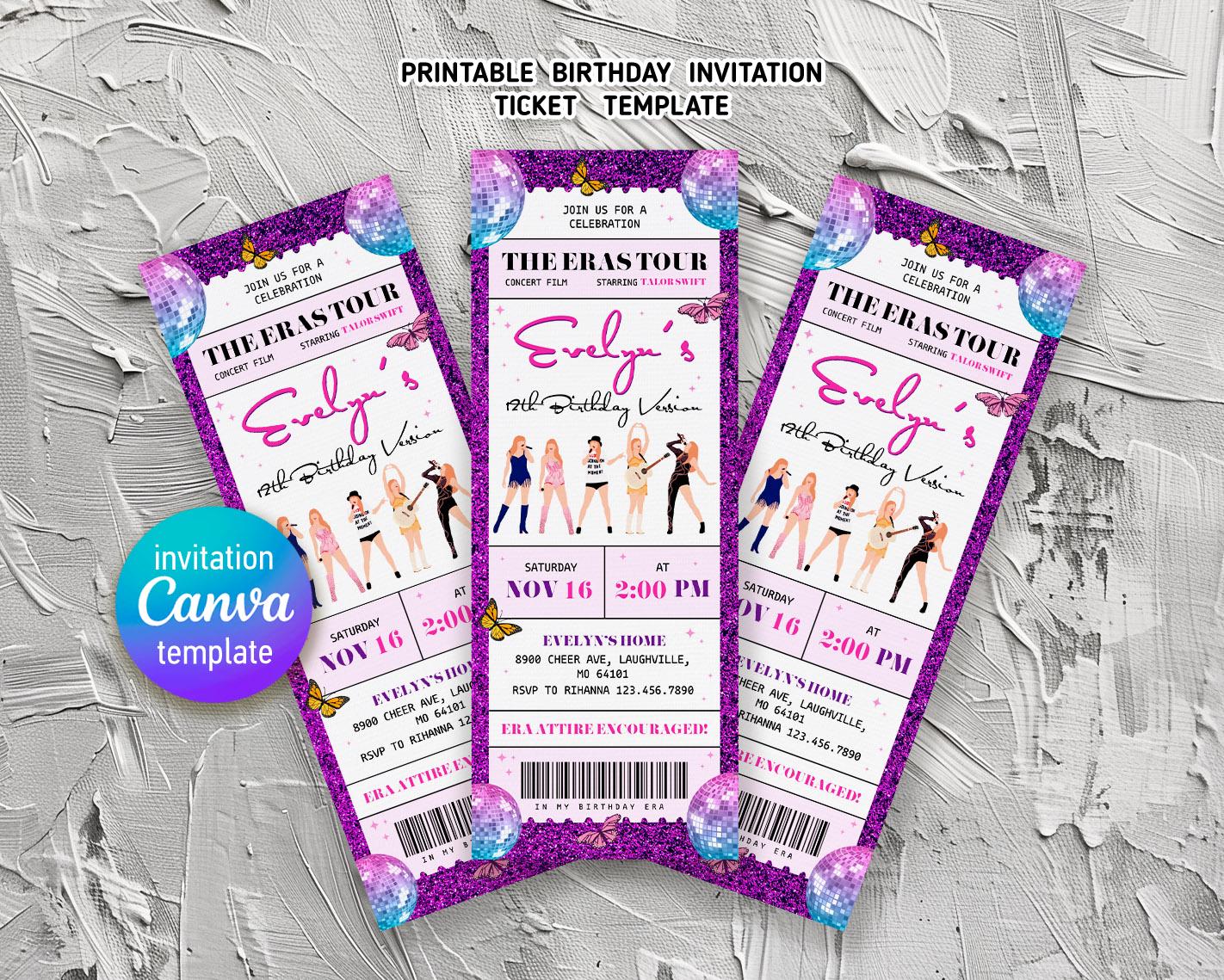 The Eras Tour birthday party ticket, Printable Taylor Swift birthday invite, music Girl Birthday Invitation, editable my bday era invitation