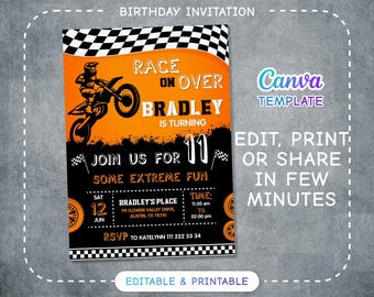 Invitación de cumpleaños de motocross, invitación de cumpleaños de moto, plantilla de invitación a fiesta editable e imprimible extrema, invitación de motocicleta