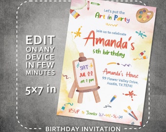 May include: A colorful 5x7 inch birthday invitation for a child's art-themed party. The invitation features a watercolor background with paintbrushes, paint splatters, and a paint palette. The text reads "Let's put the Art in Party" and "Join us to celebrate Amanda's 5th birthday". The invitation also includes the date, time, and location of the party. RSVP information is included at the bottom.