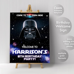 Darth Vader birthday welcome sign, Star Wars welcome in, printable dark side poster, instant download, editable birthday invite template