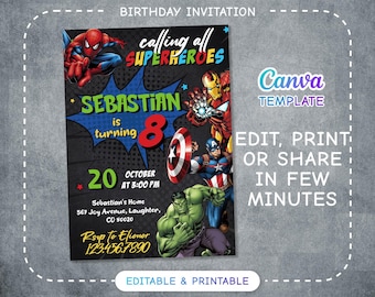 Printable Boy Birthday Invite, super hero Editable party Invitation, spiderman, hulk, captain america Invite template, avengers invitation