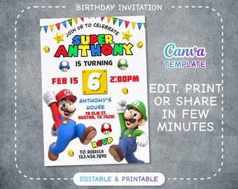 Invitación de cumpleaños para niño y niña, invitación de Super Mario, invitación de la película Mario Bros, descarga instantánea, plantilla de invitación de cumpleaños de videojuego