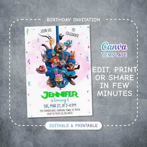 Zootopia 2 movie birthday invitation, Judy Hopps invite, Nick Wilde invite, printable editable movie party, ticket invite template