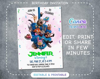 Zootopia 2 movie birthday invitation, Judy Hopps invite, Nick Wilde invite, printable editable movie party, ticket invite template