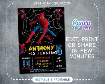 Spiderman birthday invitation, comics superhero invite, printable editable spidey party invite template, spider-man digital template