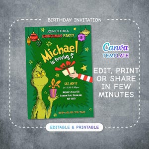 Dr. Seuss Geburtstagseinladung, druckbares Märchen einladen, bearbeitbare Grinch Party einladen Vorlage, grüner Junge Mädchen Geburtstag, Weihnachtsparty