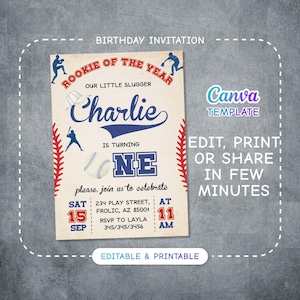 Baseball invitation, national league birthday invitation template, Printable editable invite, rookie of year, sports invite, base ball party