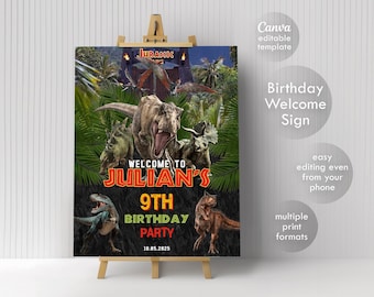 Dinosaur welcome sign template, printable birthday party Jurassic welcome in poster, boy birthday, t-rex b-day decoration template