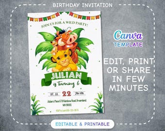 Simba Printable birthday invitation template, Lion King Birthday invite, Safari Boy birthday, Hakuna matata party, bday invitation