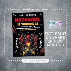 Editable Deadpool and Wolverine Birthday Invitation, Wolverine Deadpool Superheroes Party, printable Invitation