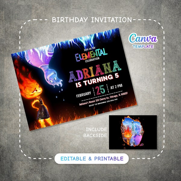 Editable elemental Birthday Invitation, printable birthday party invite digital template, water fire earth air