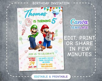 Birthday Invite boy girl, Super mario invitation, mario bros movie invitation, Instant Download, video game Birthday Invite template