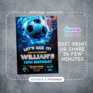 May include: A blue and orange birthday invitation with a soccer ball in flames. The text reads "Let's Kick It! Join us to celebrate William's 10th Birthday". The invitation includes the date, time, and location of the party.