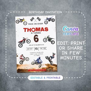 May include: Birthday invitation for a 6-year-old boy named Thomas. The invitation features a dirt bike theme with images of dirt bikes and the text "Race on Over! Thomas is turning 6".