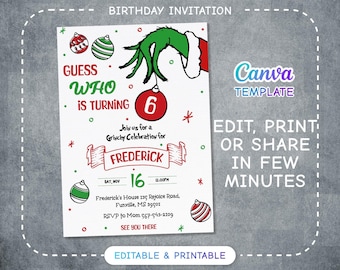 Merry Grinchmas Party Invitation, editable winter invite, printable grinch birthday invitation template, merry christmas