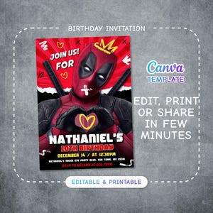 Editable Deadpool and Wolverine Birthday Invitation, Dead pool Superheroes Party, printable Invitation