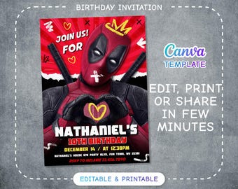 Editable Deadpool and Wolverine Birthday Invitation, Dead pool Superheroes Party, printable Invitation
