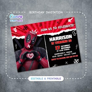 Editable Deadpool and Wolverine Birthday Invitation, Dead pool Superheroes Party, printable Invitation