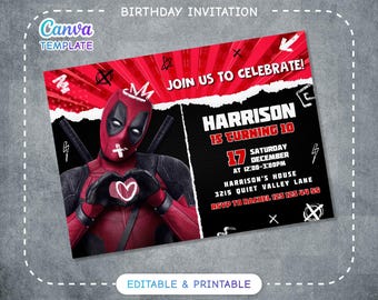 Editable Deadpool and Wolverine Birthday Invitation, Dead pool Superheroes Party, printable Invitation