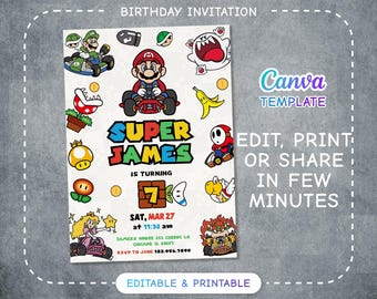 Invitación de cumpleaños para niño y niña, invitación de la película Super Mario Bros, descarga instantánea, plantilla de invitación de cumpleaños de videojuego, Mario Kart