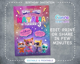 Invitación Super Kitty imprimible y editable, cumpleaños Super Kitty, plantilla de invitación para fiesta Super Kitty, invitación de gatitos, invitación adorable