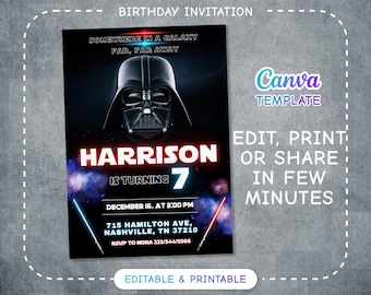 Printable birthday invite, Editable invitation, instant Download, wars invitation, Star invite, wars invitation, darth vader birthday party