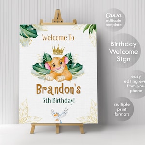 May include: A printable welcome sign for a 5th birthday party featuring a cartoon lion wearing a crown and surrounded by green leaves. The sign says "Welcome to Brandon's 5th Birthday!"