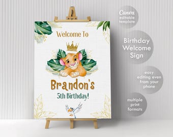 Simba Printable Welcome Sign template, Lion King Birthday Party Welcome in Poster, Safari Boy birthday, Hakuna matata, birthday decoration