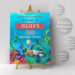 Op de afbeelding: Een turquoise verjaardag welkom bord op een houten ezel. Het bord leest "SOUND THE OCTOALERTI WELCOME TO JULIAN'S 5TH BIRTHDAY PARTY!" met cartoonfiguren en onderwaterbeelden. Extra tekst geeft aan dat het een Canva bewerkbare sjabloon is.