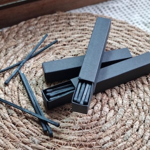 May include: Black matches and matchboxes are arranged on a woven, brown surface. Several matchboxes are open, revealing the black matchsticks inside. Some matches are scattered outside the boxes.