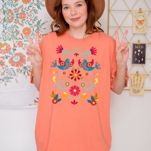 Scandinavian Folk Art Birds + Florals T-Shirt | Nordic Tee | Boho Women&#39;s Graphic Tee | Colorful Folk Art Shirt