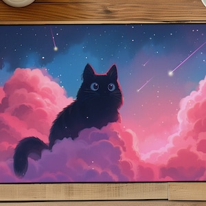 銀河の雲と空に浮かぶ黒猫 | MTG 用マット | デスクマット 美的 | Lofi デスクマット | ゲーマーガール キュート パステル ゲーミング マウスパッド | デスク装飾