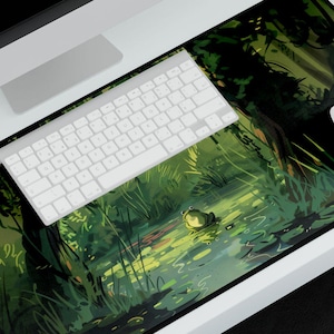 Cute Frog Deskpad | Kawaii Gaming Mouse Pad | Lofi Desk Mat | Lily Pad Forest Themed Laptop Mat | Cute Desk Accessories | Kawaii Desk Decor
