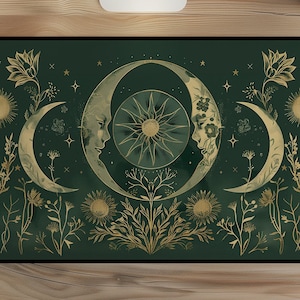 Zwei einander zugewandte Monde, Mondphasen, Hexenästhetik, grüne dunkle Academia, Cottagecore Mousepad, erweiterter niedlicher Schreibtisch Witchy Playmat MTG