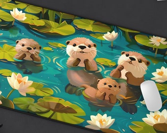 Otter Family Desk Mat, Kawaii Animal with Cute River Otter Design, Large Gaming Mouse Pad, Unique Otter Lover Gift, Adorable Chibi Aesthetic