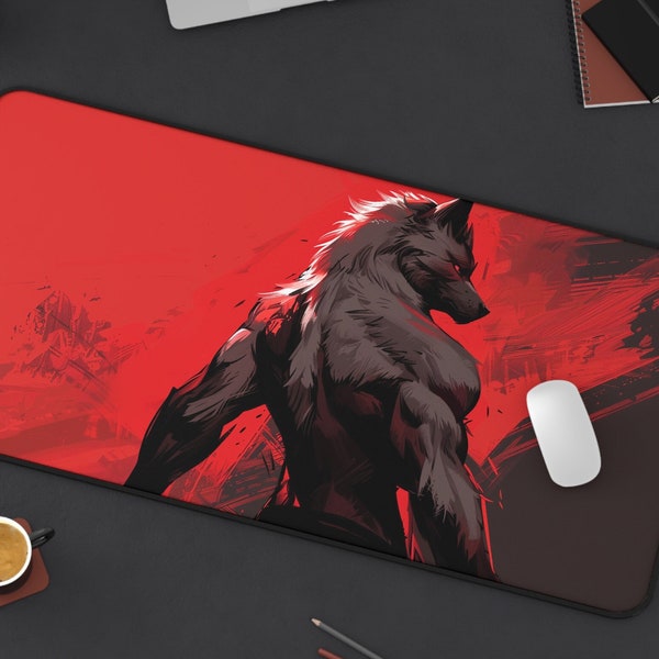 Cool Red and Black Wolf Desk Mat, Gamer boy Male Mousepad, Dark Grungy Aesthetic, Muscle Wolf Men