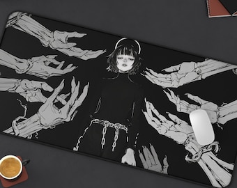 Anime Girl Black and White, Creepy Hands Desk Mat, Shojo Manga, Gaming mouse pad, Skeleton keyboard wrist rest mousepad, Halo Desk MTG Play