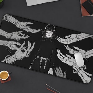 アニメガール白黒、不気味な手のデスクマット、少女漫画、ゲーミングマウスパッド、スケルトンキーボードリストレストマウスパッド、HaloデスクMTGプレイ