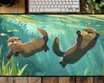 Otters Underwater Desk Mat, Kawaii Animal with Cute River Design, Large Gaming Mouse Pad, Unique Otter Lover Gift, Adorable Chibi Aesthetic