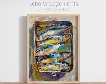 Sardines Art Print | Unframed Oil Painting Print | Digital Download | Sardine Oil Painting | French Kitchen Art | Restaurant Fish Art Poster