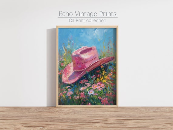 Pink Cowgirl Hat Painting Print | Western Aesthetic nursery printable art| Country Dorm Room Wall Art| Cowgirl Hat Field Digital Download |