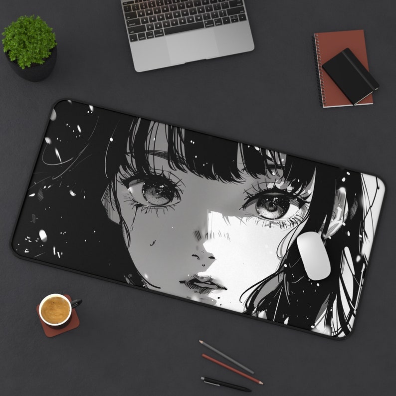 Anime Girl B&W Crying Snow Desk Mat, Shojo Manga, Japanese Kawaii ...