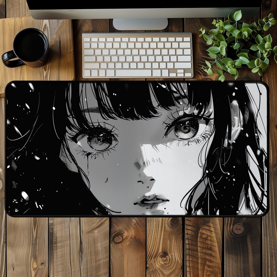 Anime Girl B&W Crying Snow Desk Mat, Shojo Manga, Japanese Kawaii ...
