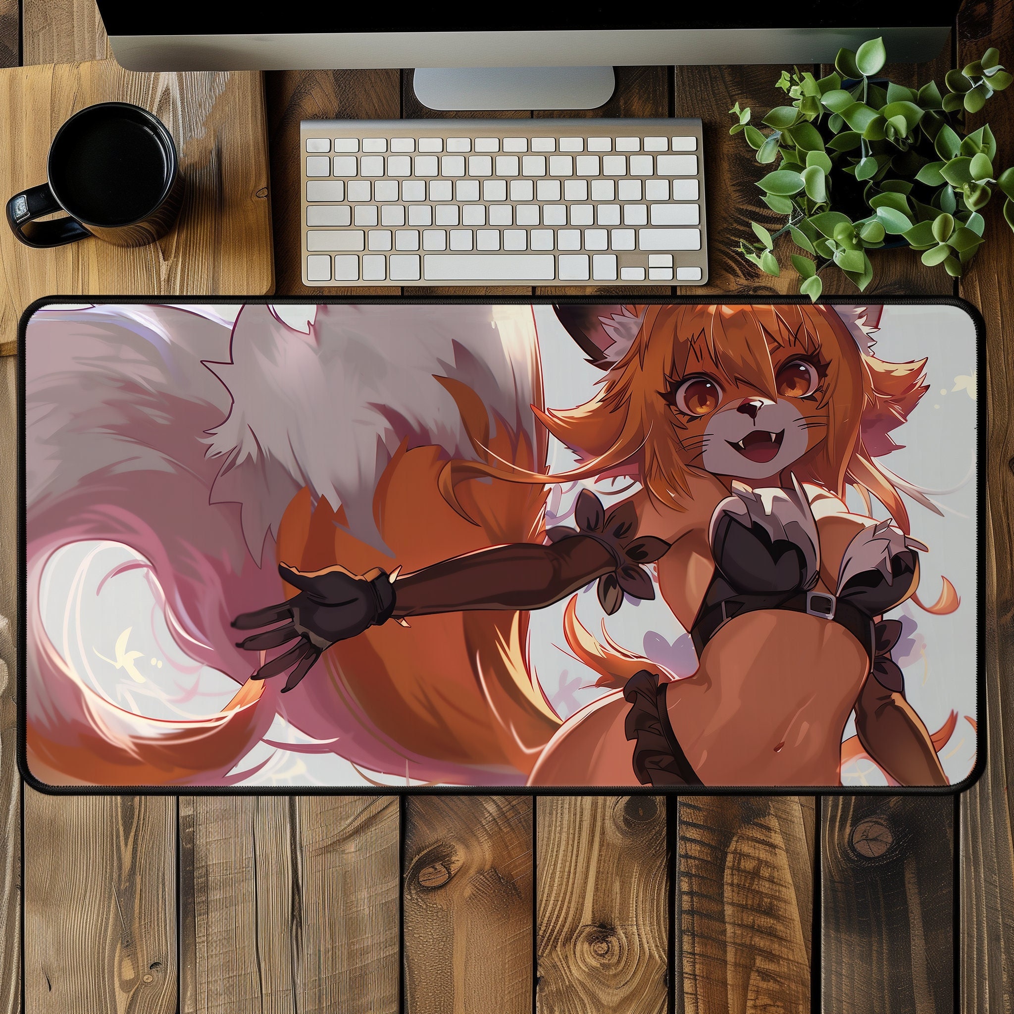 Orange Fox Fursona Furry Mouse Mat | Stylized Wolf Cat Girl Furry Desk Mat for Gaming & Work | Furry Mouse Pad Fursona Print Gloves Undies