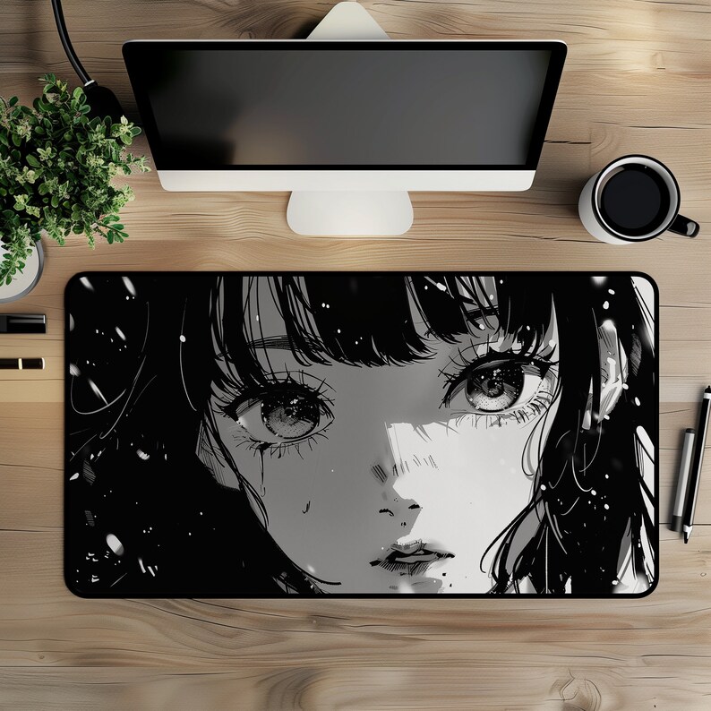 Anime Girl B&W Crying Snow Desk Mat, Shojo Manga, Japanese Kawaii ...