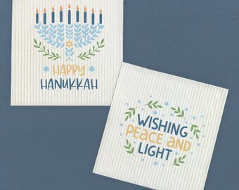 Deseando paz y luz, Feliz Hanukkah (paquete de 2) - Paño de cocina sueco, reutilizable, decoración de Hanukkah, 17 x 19 cm