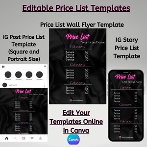 Pacote de modelos de lista de preços de Nail Tech / Stylist para Instagram Story, Posts e Flyer + Rosa e Preto + Esteticistas, Nail Techs, Tranças