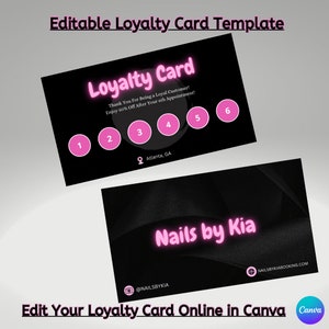 Cartão de visita de fidelidade, modelo DIY editável, cartão de fidelidade de nail tech/cabeleireiro/lash artist. Rosa e Preto