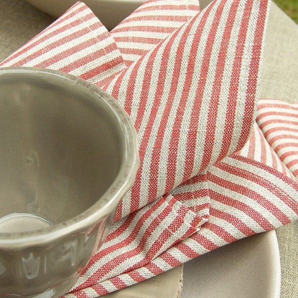 x 4 Linen Cotton Napkins Red Natural striped Jazz LinenMe